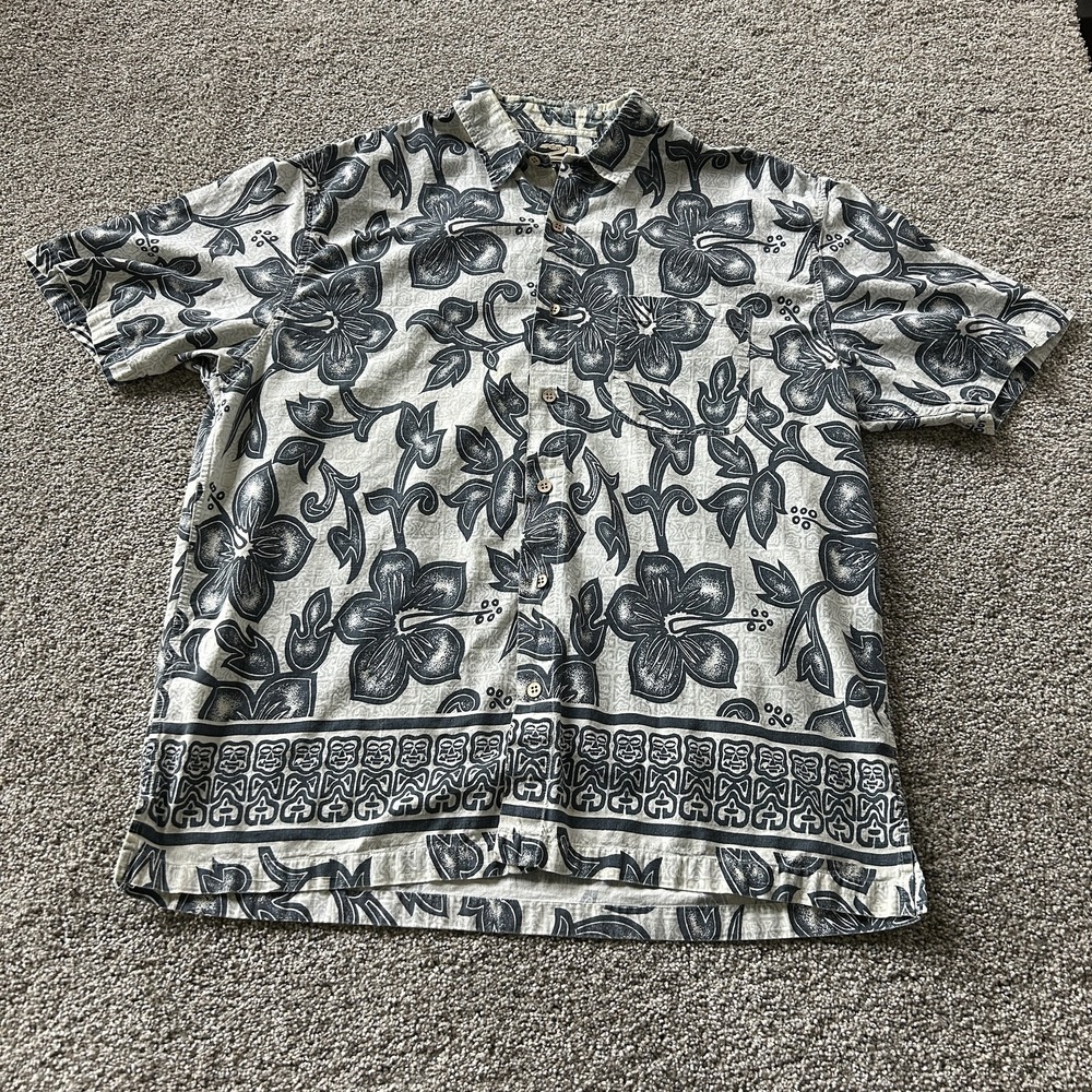 Y2K Rue21 Shirt Mens XL Gray Hawaiian Floral Short Sleeve Button Up Cotton Beach